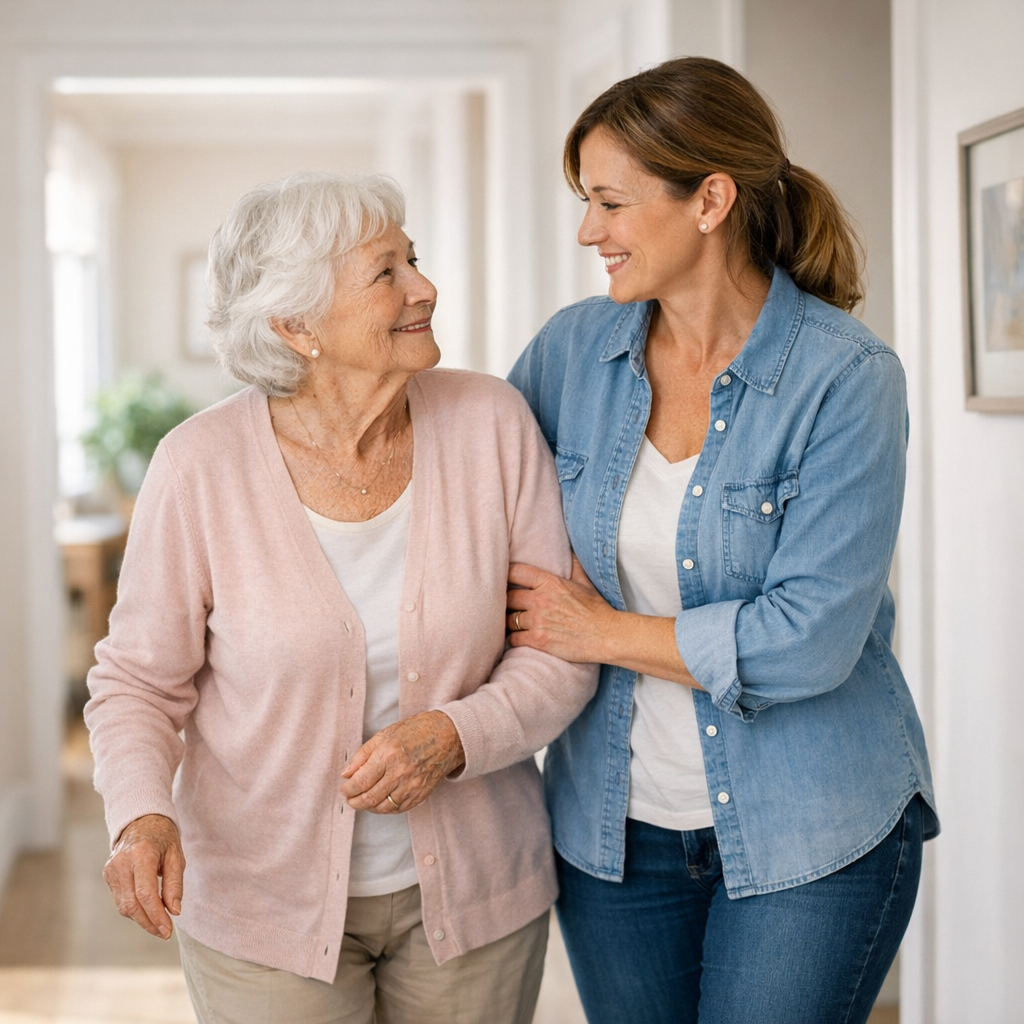 Middle-aged daughter helping her elderly mother walk safely in a bright home hallway.
