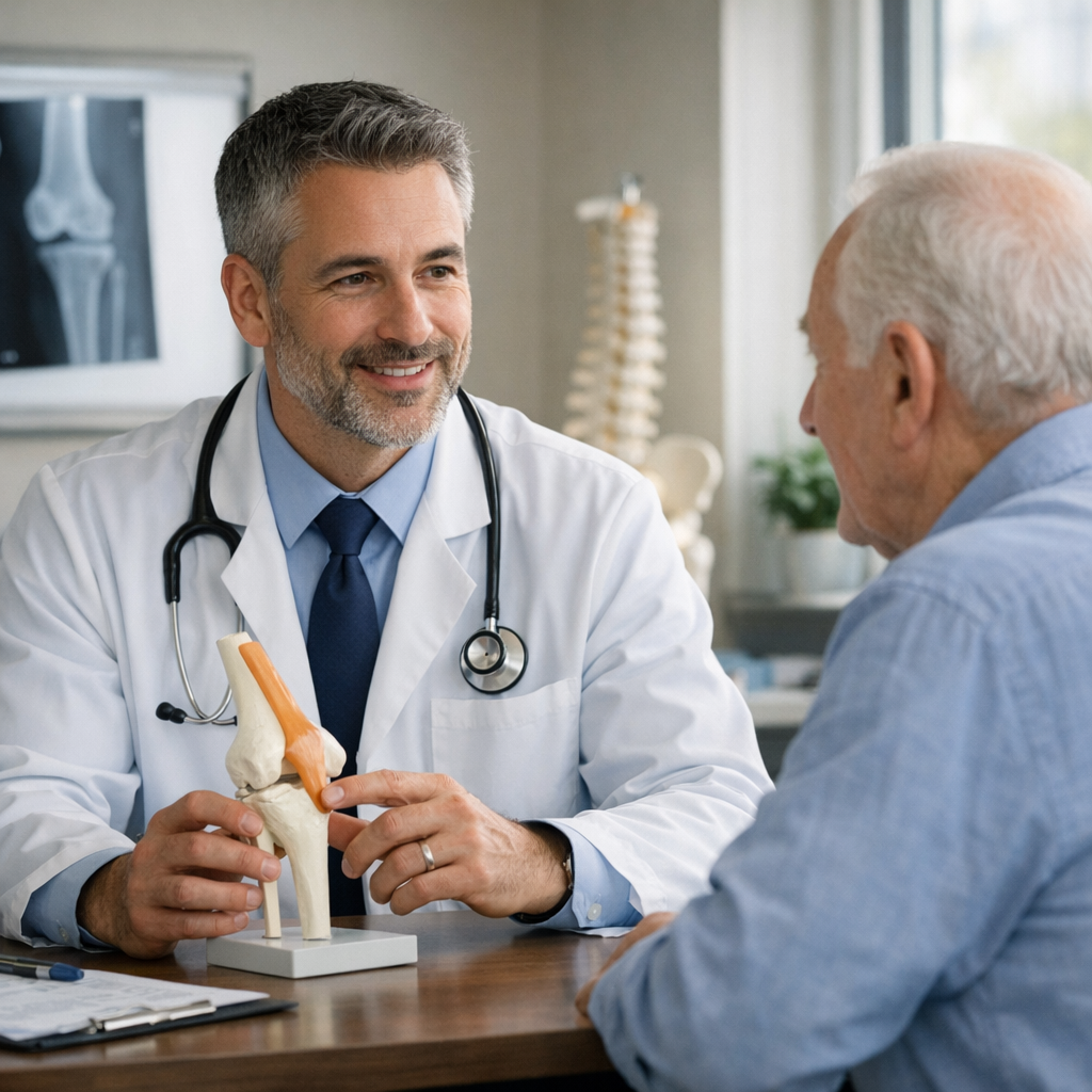 Orthopedic surgeon speaking with an older patient in a calm outpatient office.