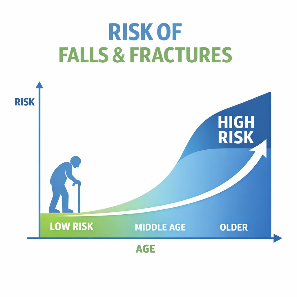 Simple chart showing fall and fracture risk increasing with age.