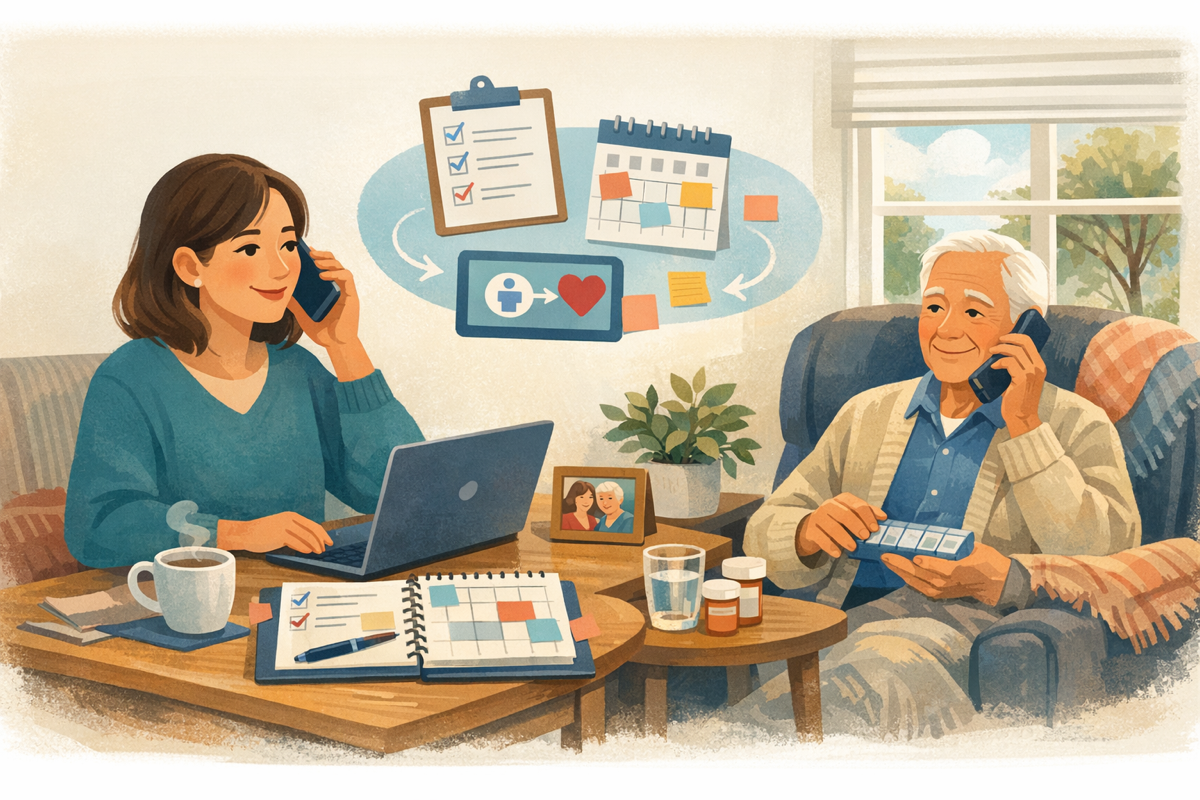 Warm illustration of an adult child coordinating recovery support for an older parent from a distance.