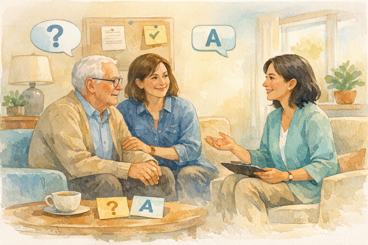 Warm illustration of an older adult, a family caregiver, and a supportive clinician talking through questions together.