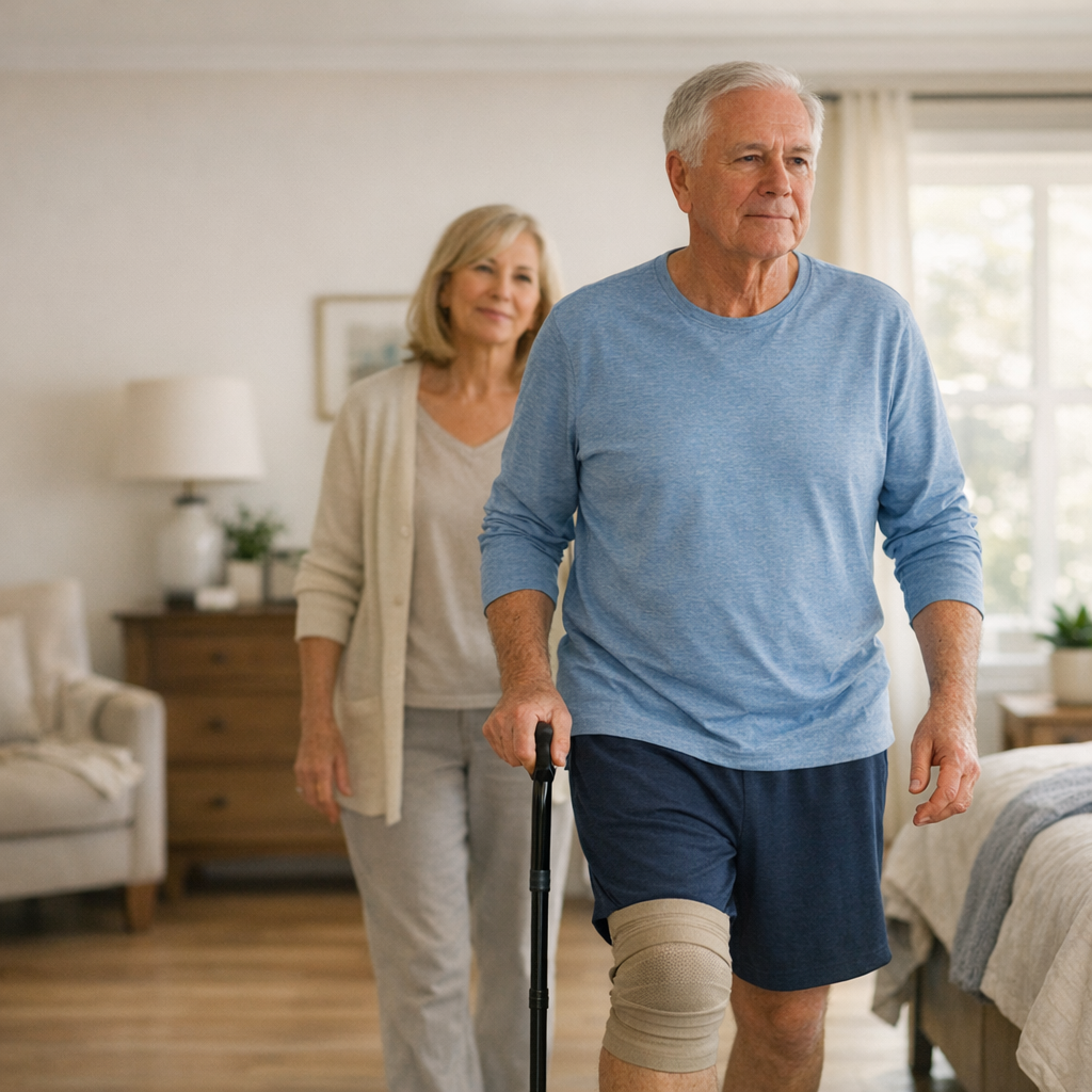 Older adult walking confidently at home with a spouse nearby in warm morning light.