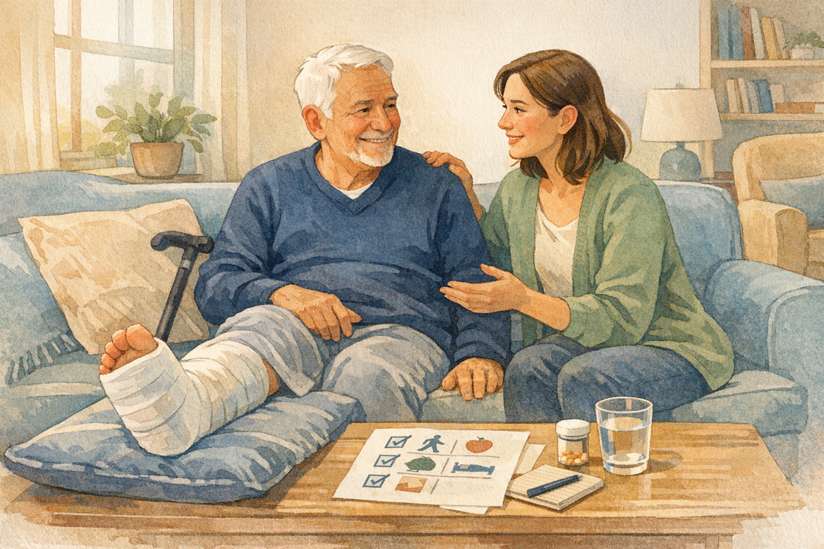 Warm illustration of an older adult recovering at home with an adult daughter nearby and a clear plan on the table.