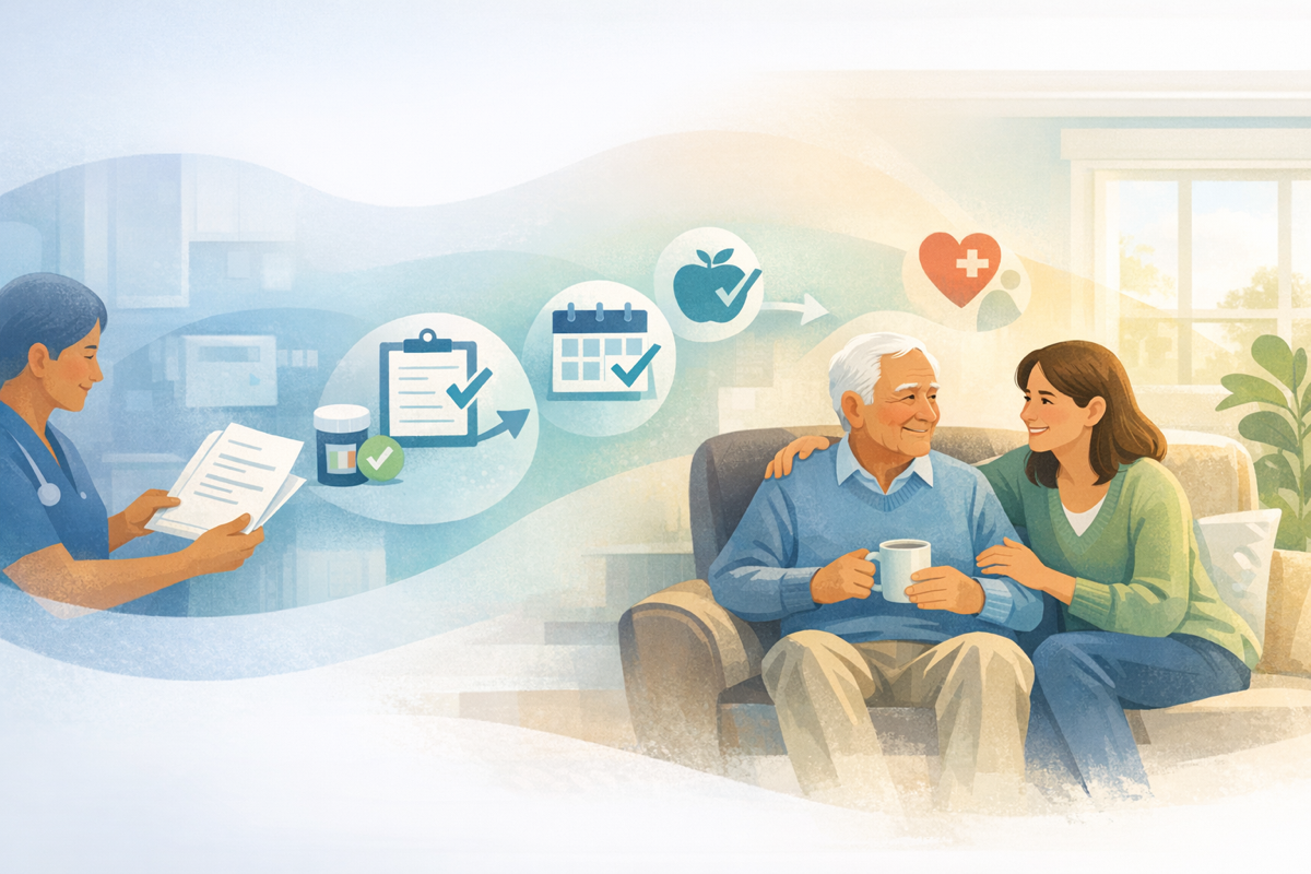 Warm illustration showing recovery moving from discharge details to calmer follow-up at home.