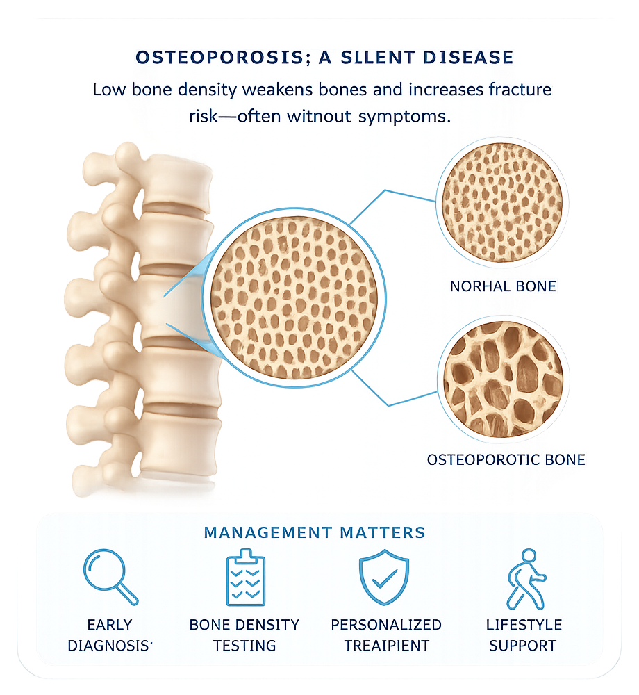 Illustration showing osteoporosis as a silent disease with a comparison between normal bone and osteoporotic bone.